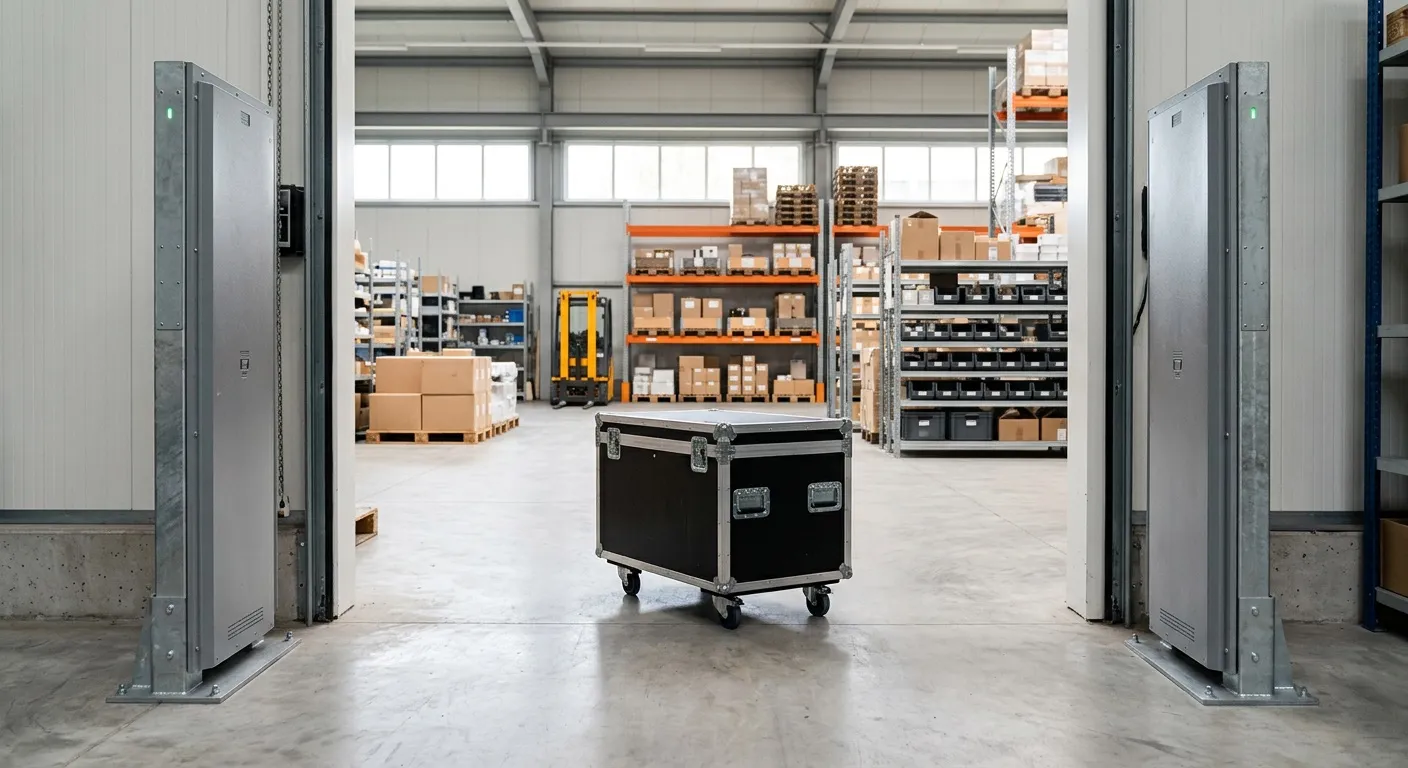 A flight case on castors passing between two floor-standing RFID antenna panels in a warehouse doorway