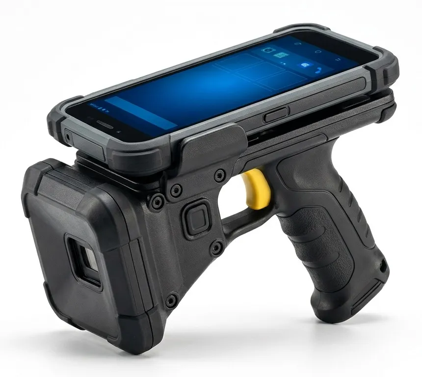 A phone docked into a Bluetooth RFID sled with a trigger grip