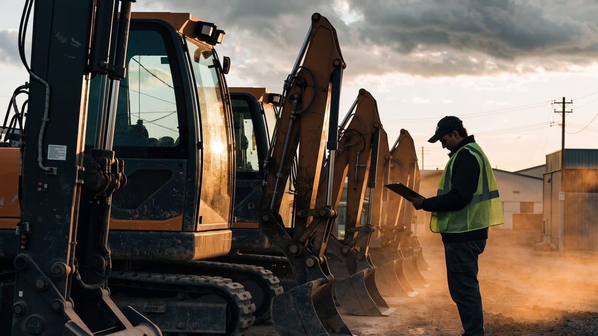 Equipment parked in a rental yard, ready to be priced and hired out